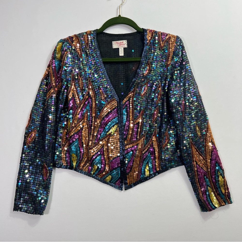 Vintage 90s Sequin Jacket Beaded Glam Colorful Sparkly Marshall Rousso Medium